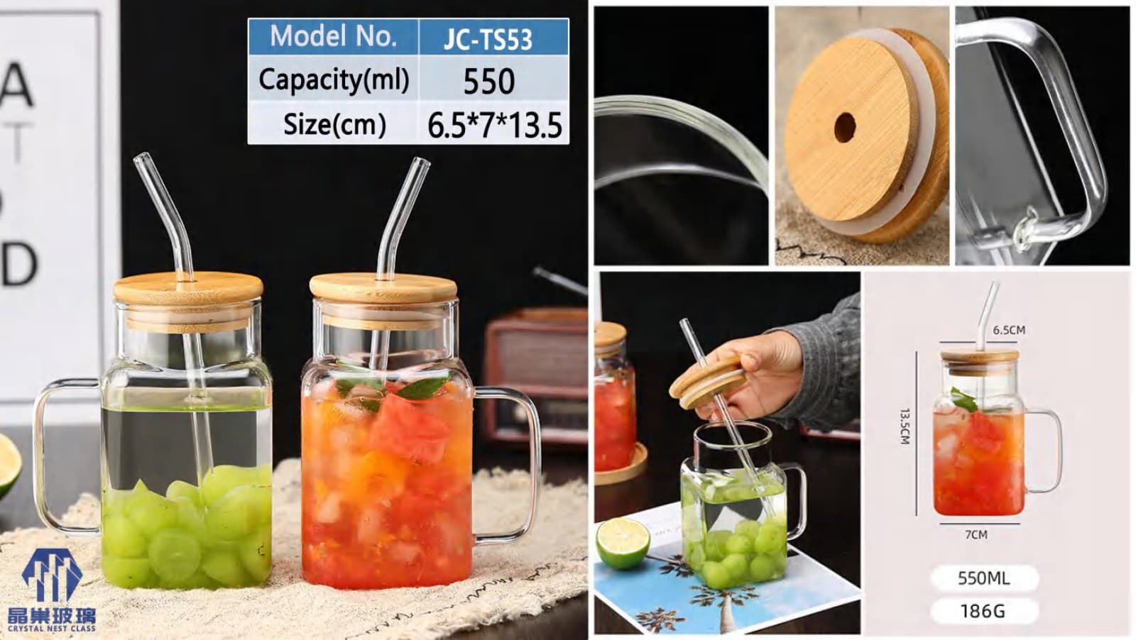 JC-TS53 Bamboo Lid Glass Mug with Straw