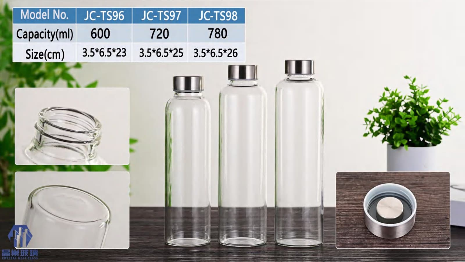 JC-TS96 - JC-TS98 Stainless Lid Glass Bottle Series